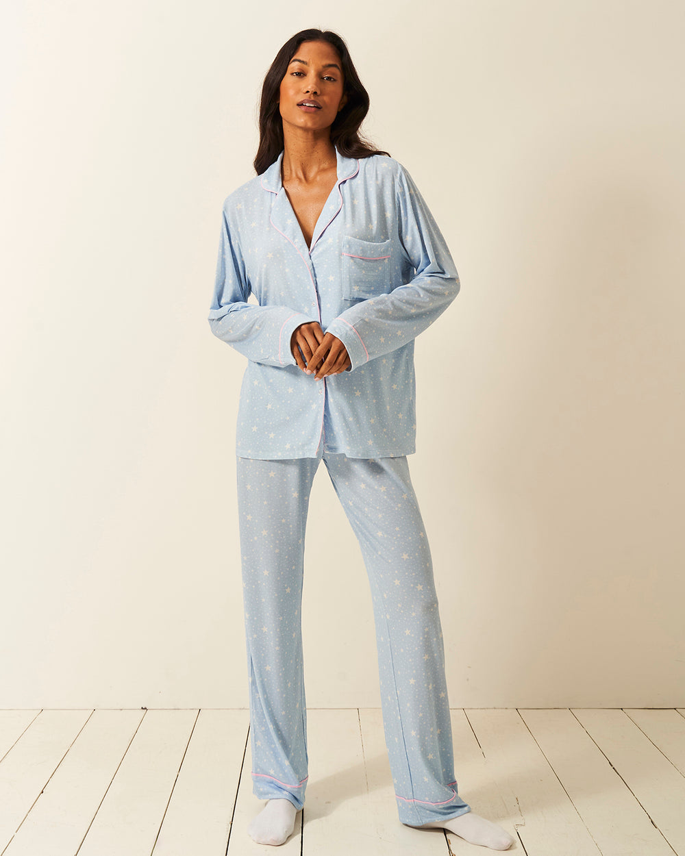 Long Pajama Set - Pale Blue Stars Stripe & Stare