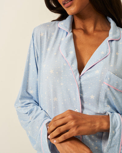 Long Pajama Set - Pale Blue Stars Stripe & Stare