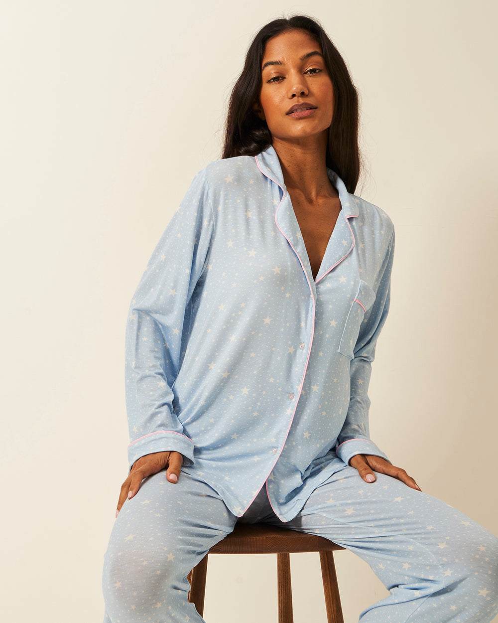 Long Pajama Set - Pale Blue Stars Stripe & Stare