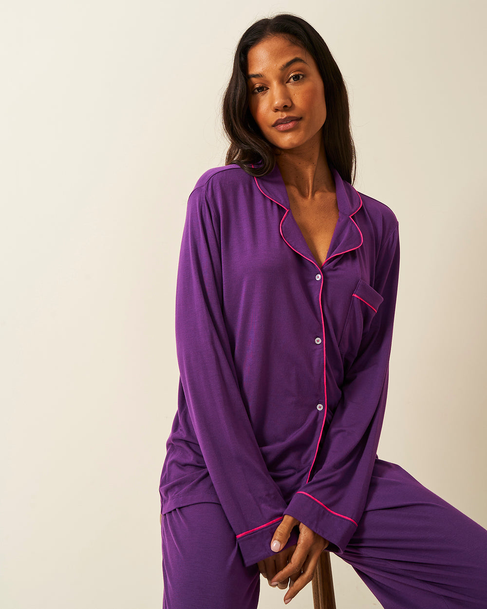 Long Pajama Set- Plum Stripe & Stare