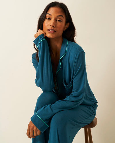 Long Pajama Set - Teal Stripe & Stare