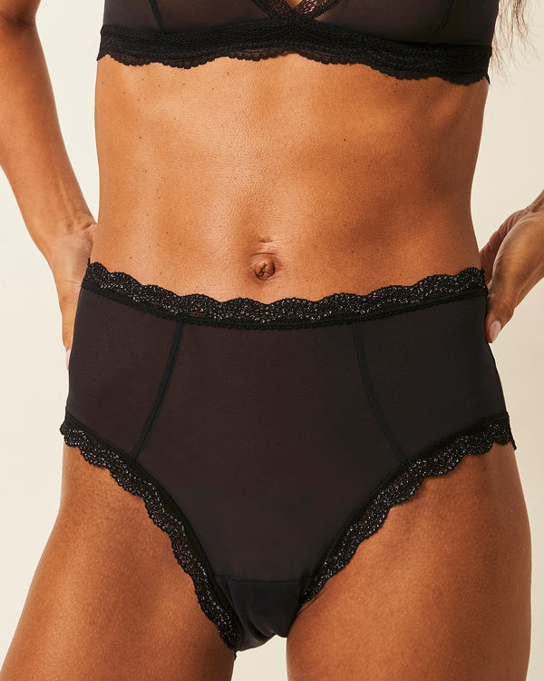 Mesh High Rise Brief - Black Sparkle Lace Stripe & Stare