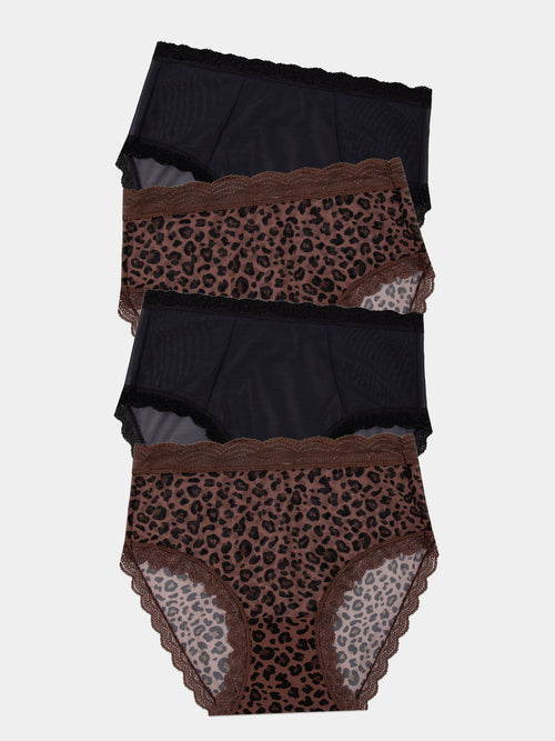 Mesh High Rise Brief Four Pack - Black & Leopard