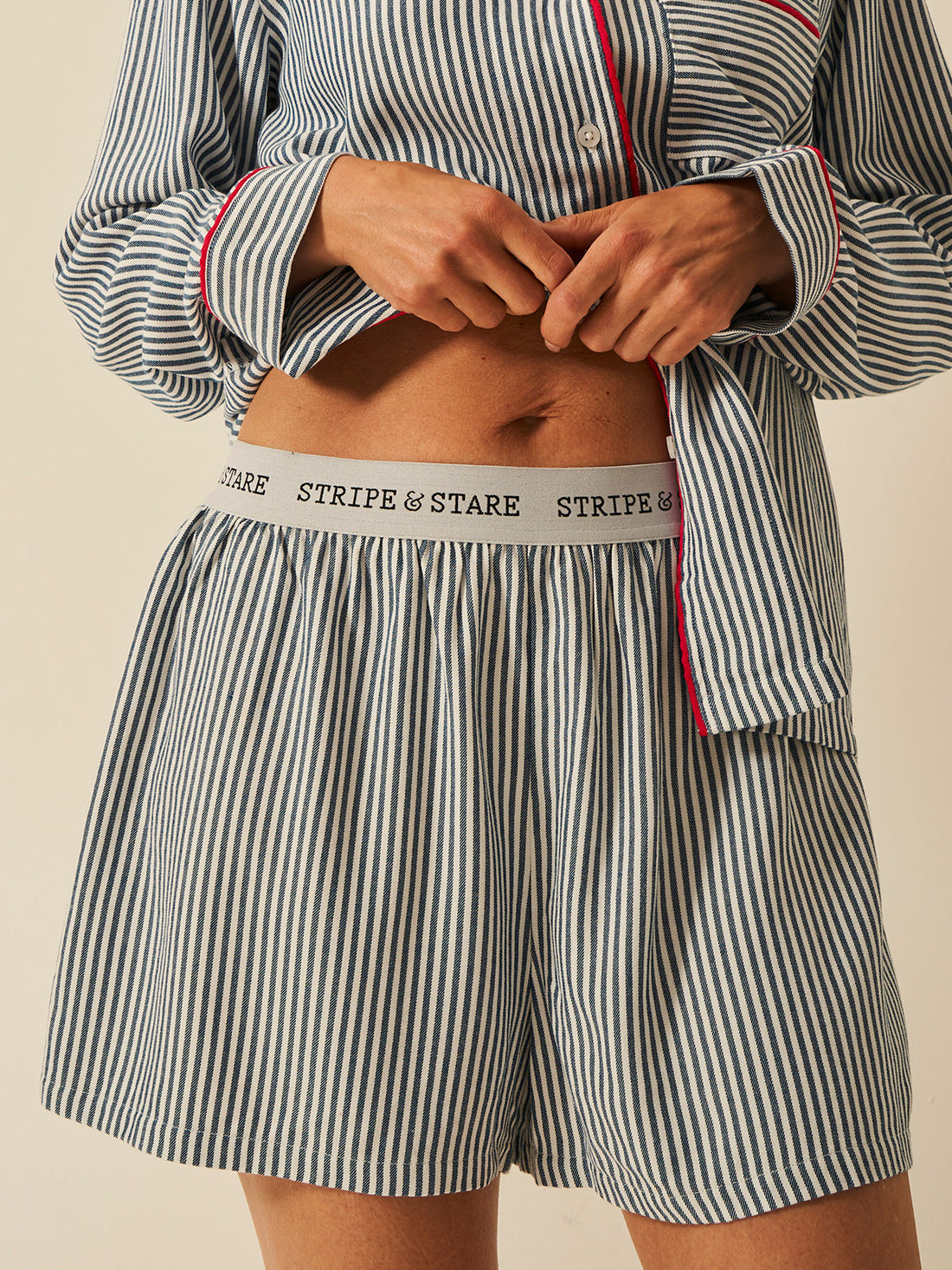 Soft Brushed Woven Pajama Shorts - Midnight Stripe Anjos & Lourenco