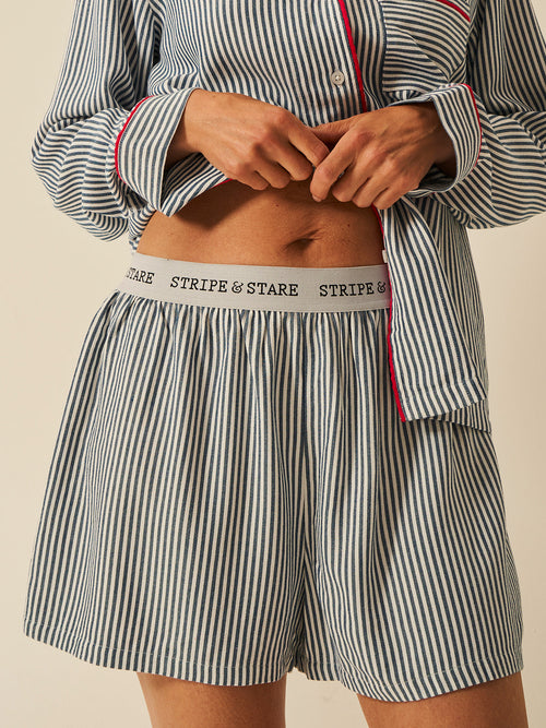 Soft Brushed Woven Pajama Shorts - Midnight Stripe Anjos & Lourenco