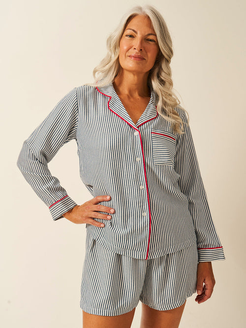 Soft Brushed Woven Pajama Top - Midnight Stripe Anjos & Lourenco