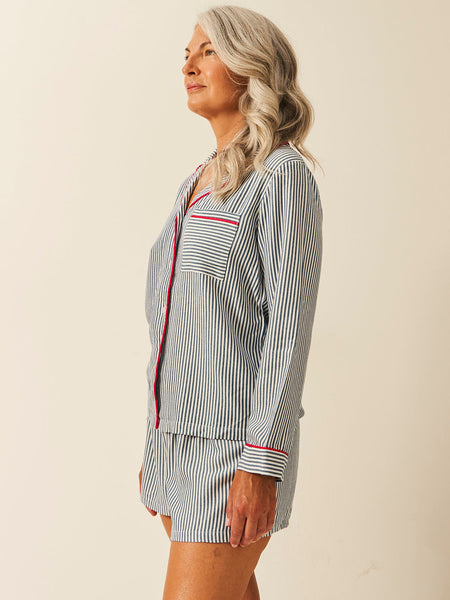 Soft Brushed Woven Pajama Top - Midnight Stripe Anjos & Lourenco