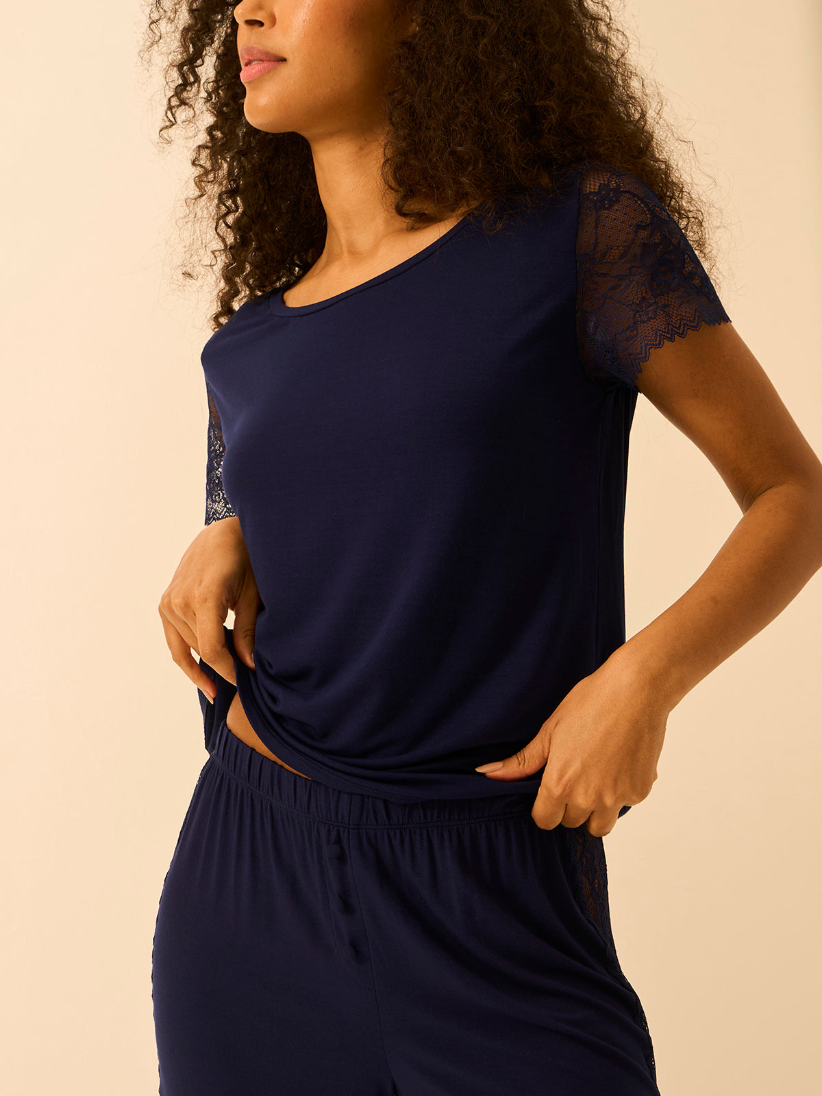 Eco Lace Slouchy Pajama Top - Navy