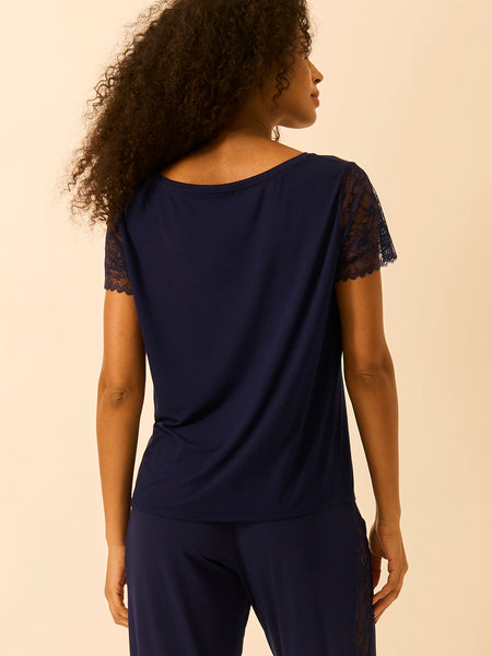 Eco Lace Slouchy Pajama Top - Navy