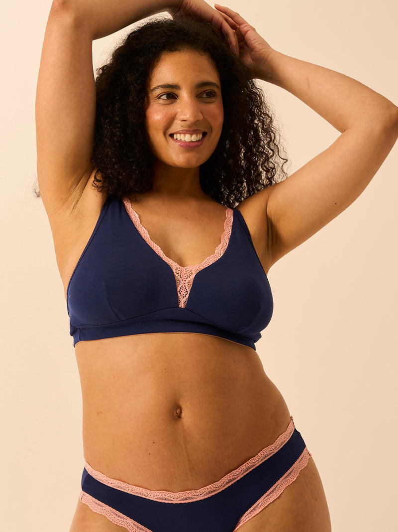 Lace Plunge Bra - Navy & Neon Peach