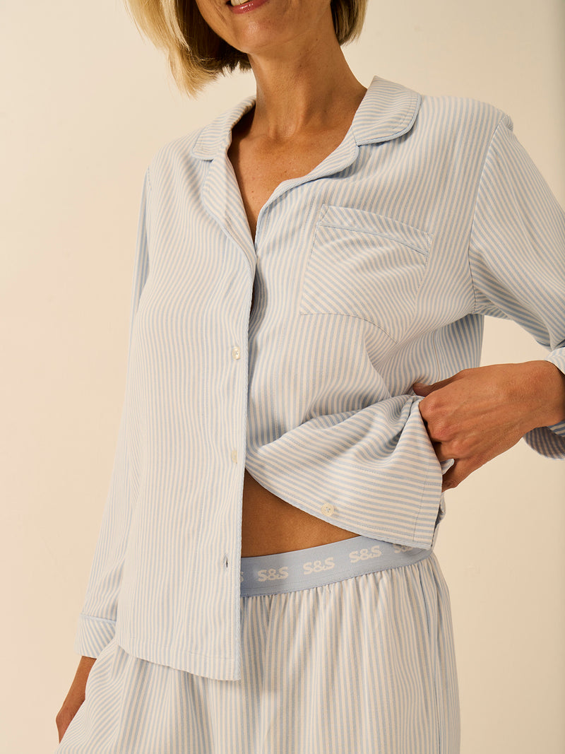 Soft Brushed Woven Pajama Top - Blue Mini Stripe