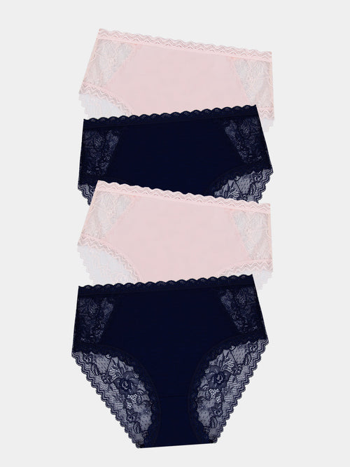 Eco Lace High Rise Brief Four Pack - Navy & Pale Pink
