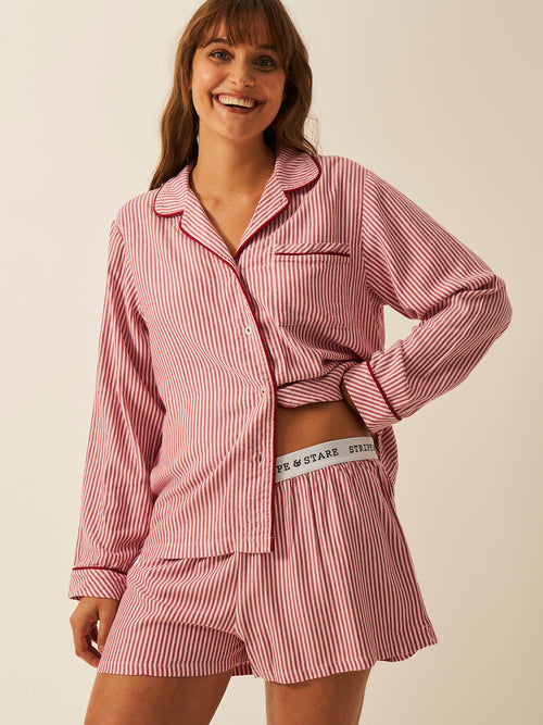 Soft Brushed Woven Pajama Top - Red Stripe