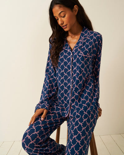 Long Pajama Set - Midnight Bow Stripe & Stare