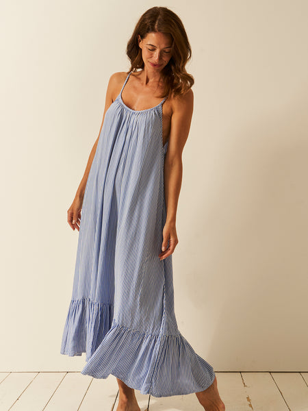 Seersucker Midi Frill Everywhere Dress - Amparo Blue Stripe Fast Track Sourcing FZC LLC