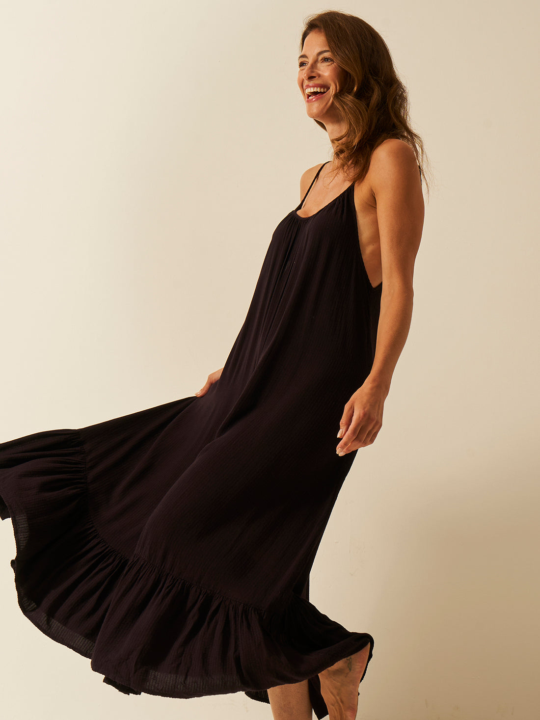 Seersucker Midi Frill Everywhere Dress - Black