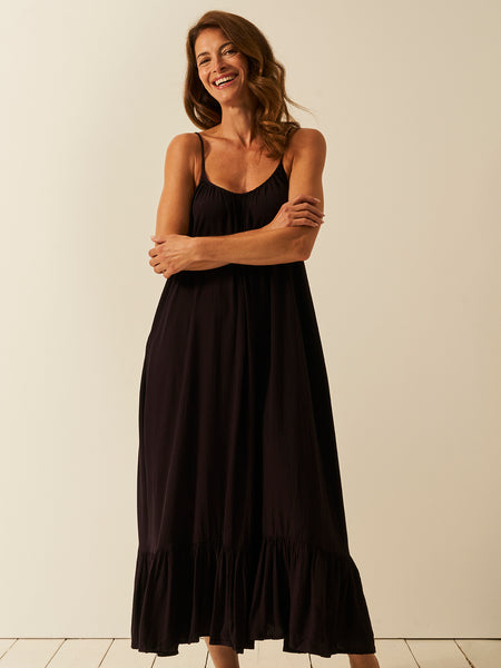 Seersucker Midi Frill Dress - Black | Sustainable Tencel Dress | Womens Size Small (S) (US 4-6)