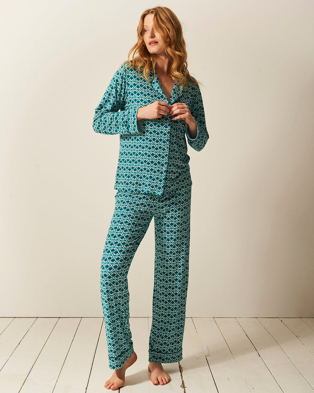 Long Pajama Set - Teal Floral Tile Stripe & Stare