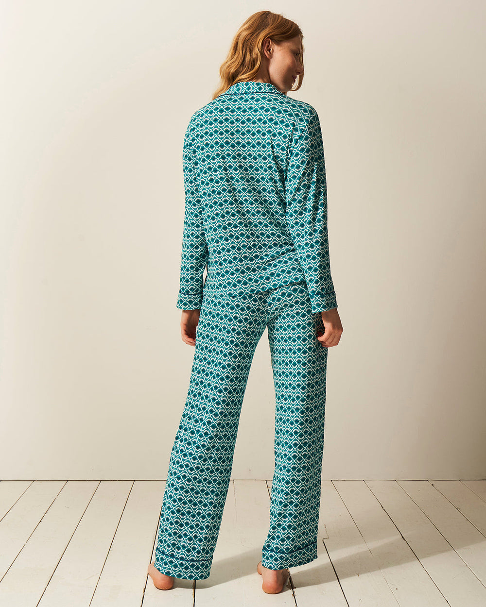 Long Pajama Set - Teal Floral Tile Stripe & Stare