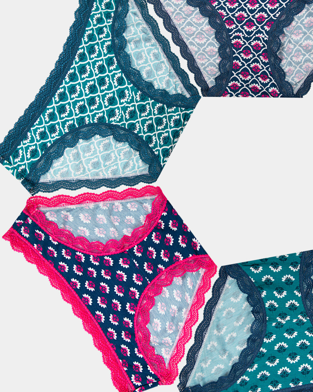 The Original Brief Four Pack - Teal Floral Tile Stripe & Stare