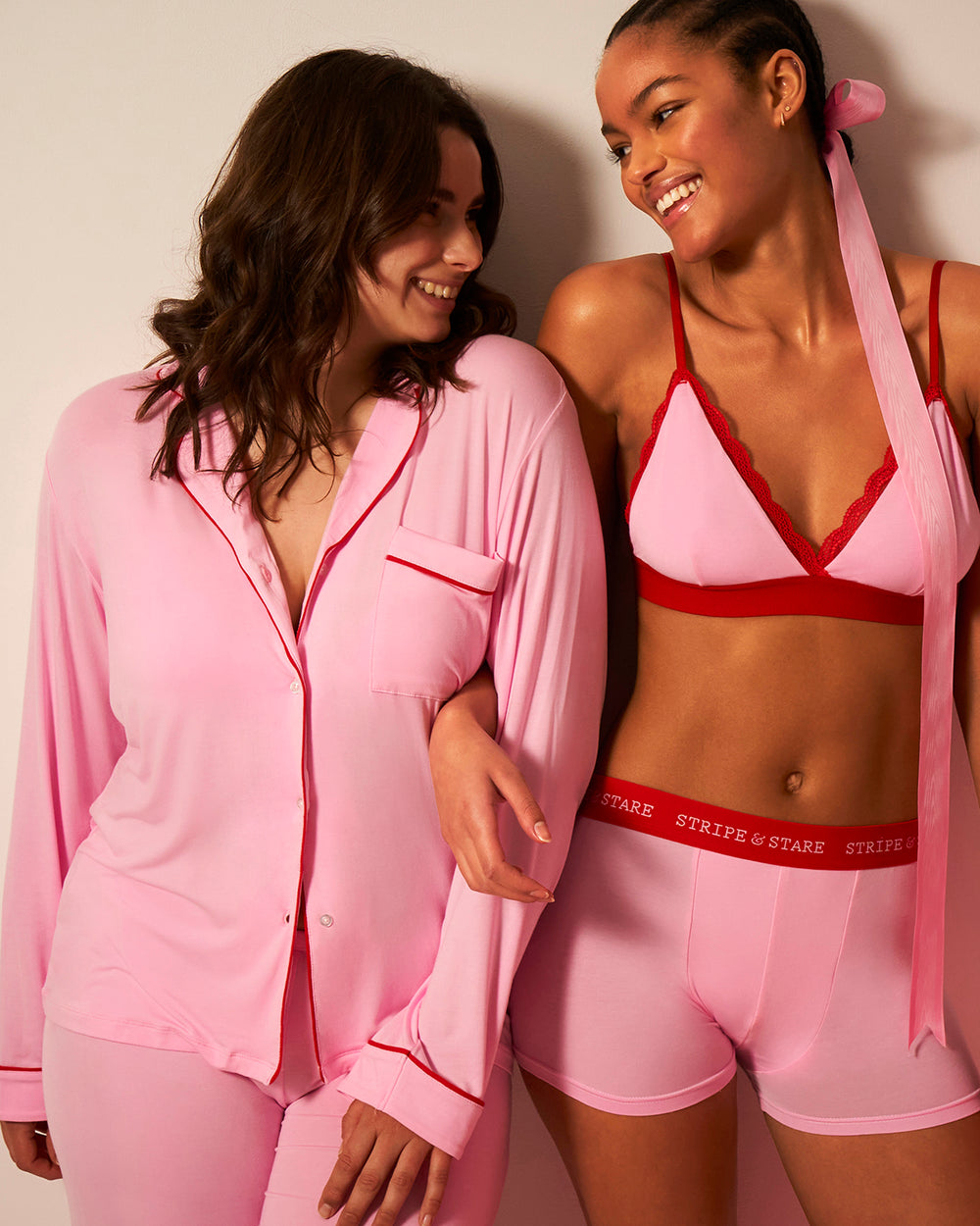 Long Pajama Set - Pink and Red Contrast Stripe & Stare