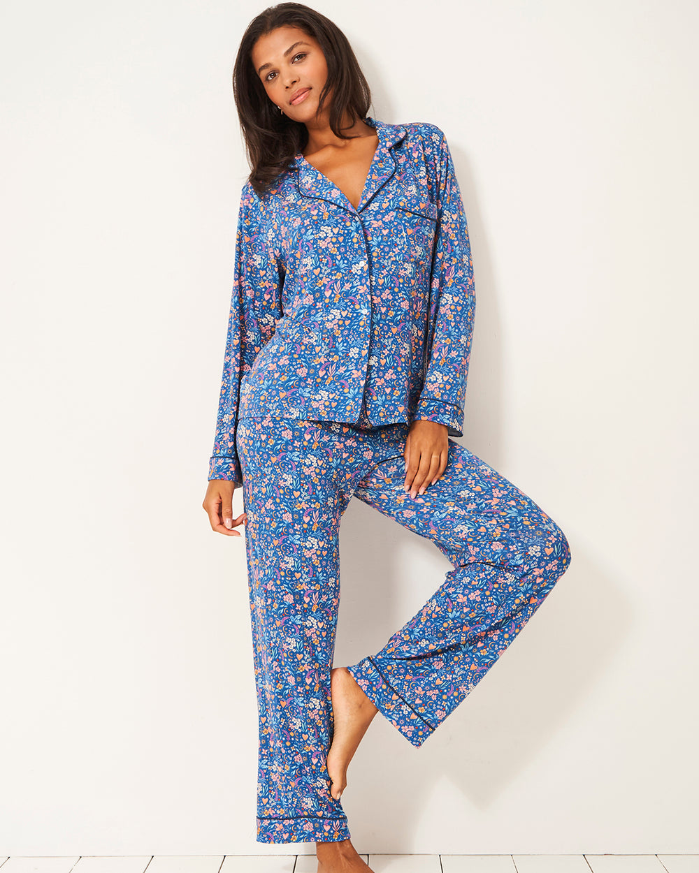 Long Pajama Set - Winter Floral Stripe & Stare