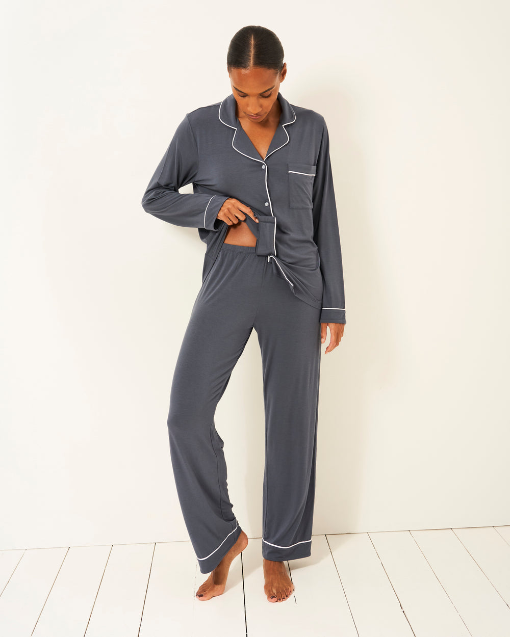Long Pajama Set - Graphite Stripe & Stare
