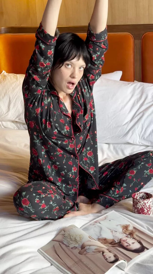 Long Pajama Set - RIXO Claudia Rose Black | Sustainable TENCEL