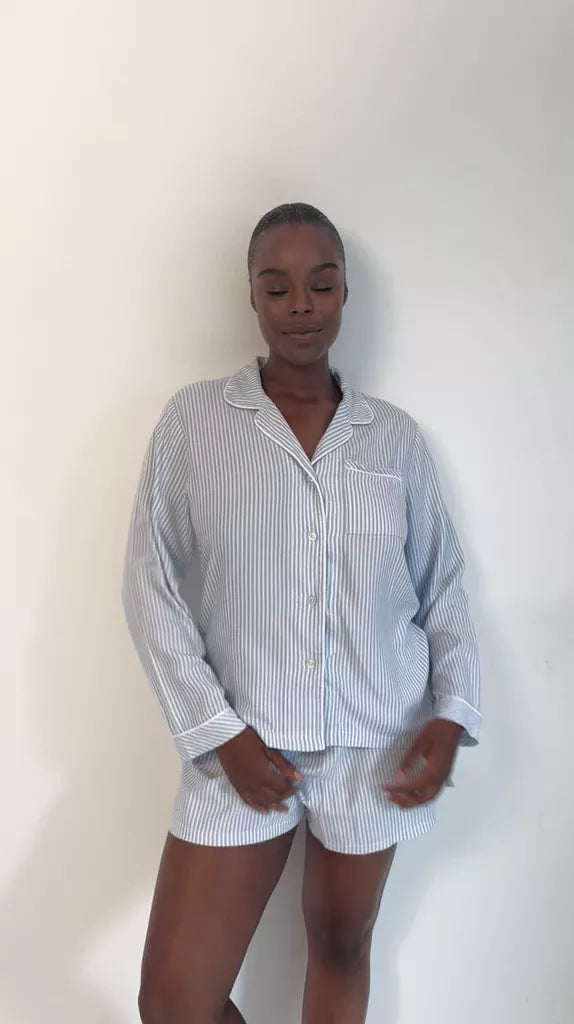 Soft Brushed Woven Pajama Shorts - Blue Stripe Anjos & Lourenco