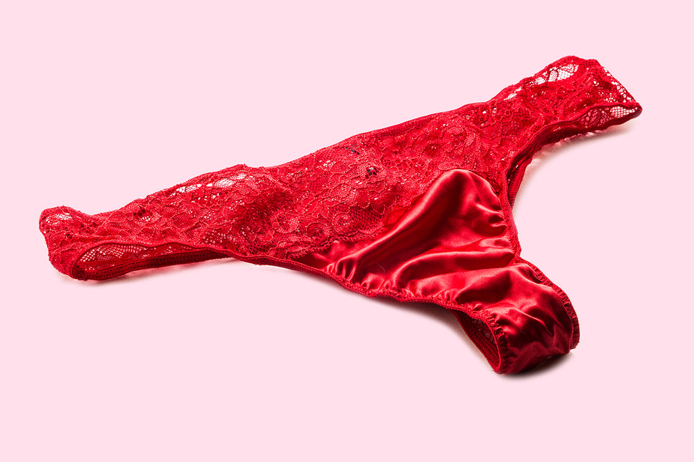 Red lace satin thong