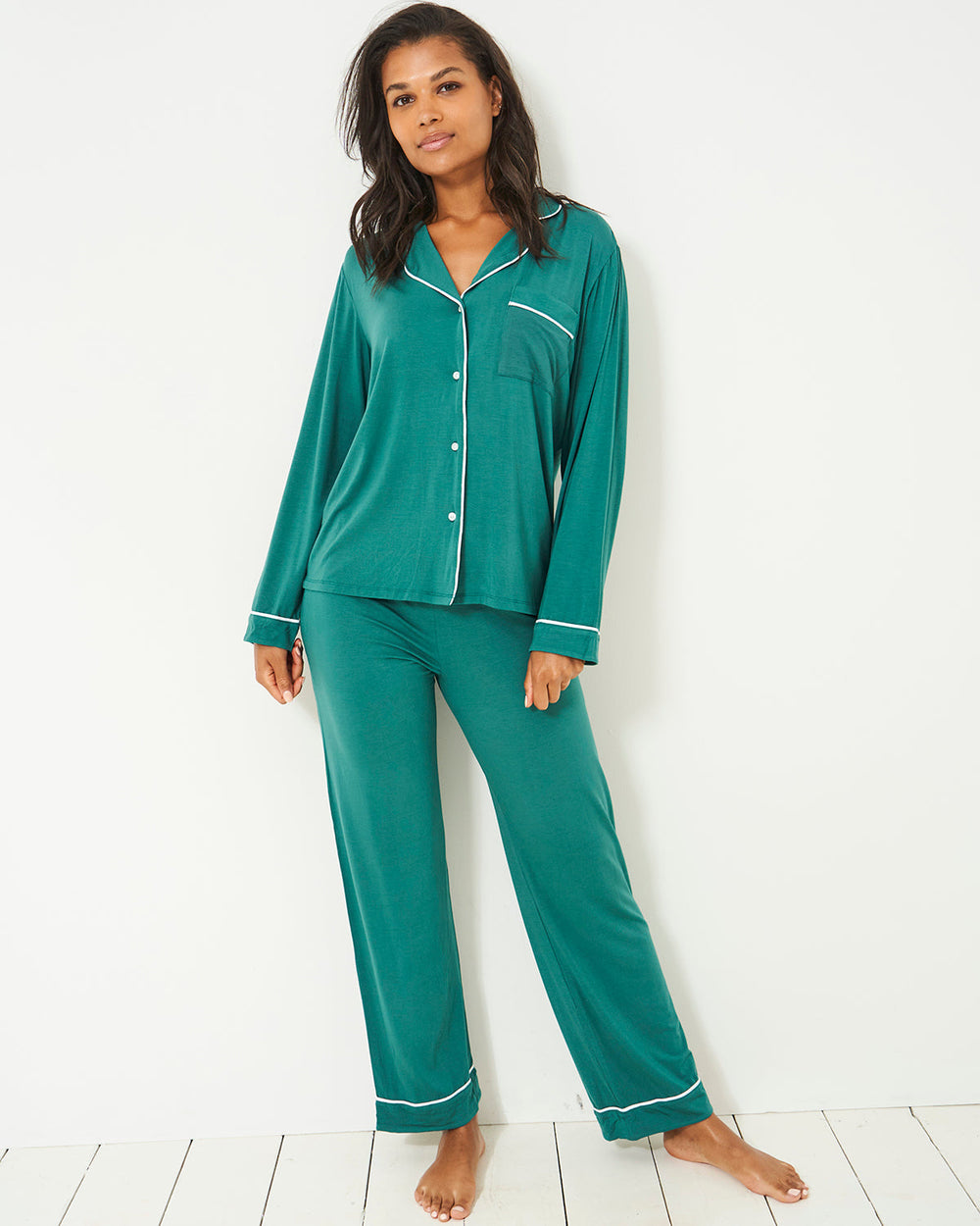 Long Pajama Set - Forest Green  TENCEL™ Sleepwear – Stripe