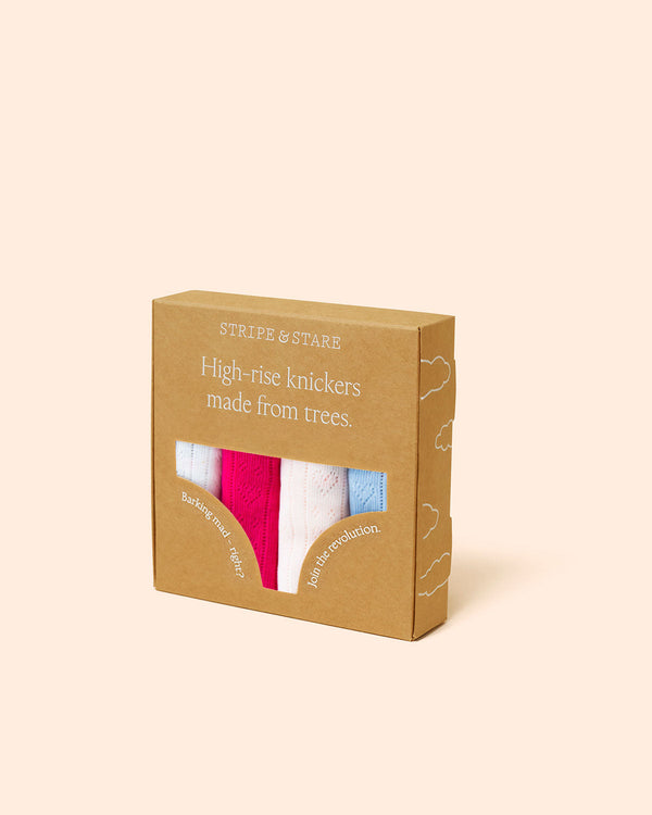 High Rise Brief Four Pack - Raspberry Pointelle Knit Stripe & Stare®