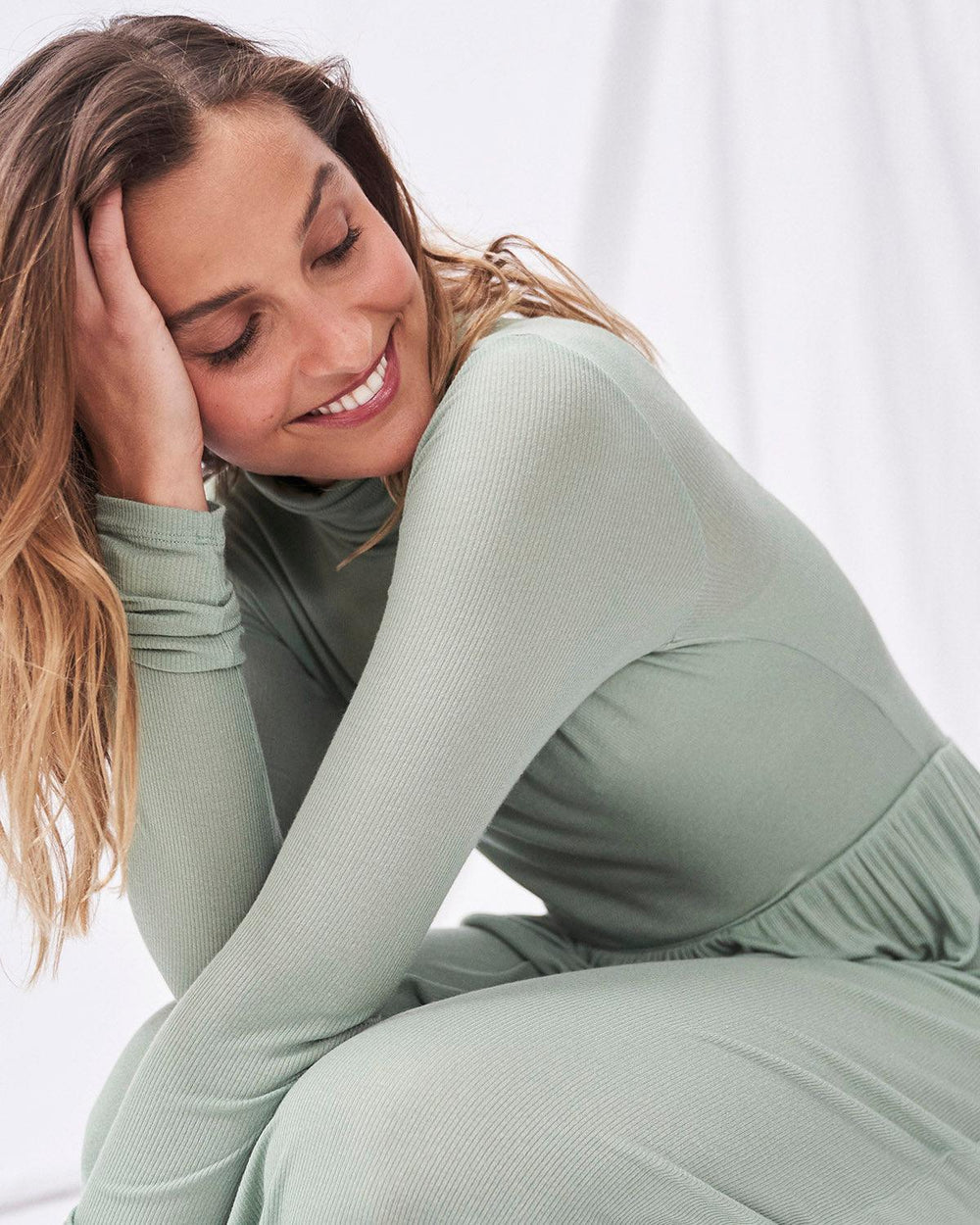 Long Sleeved Ribbed Midi T Dress - Khaki Stripe & Stare