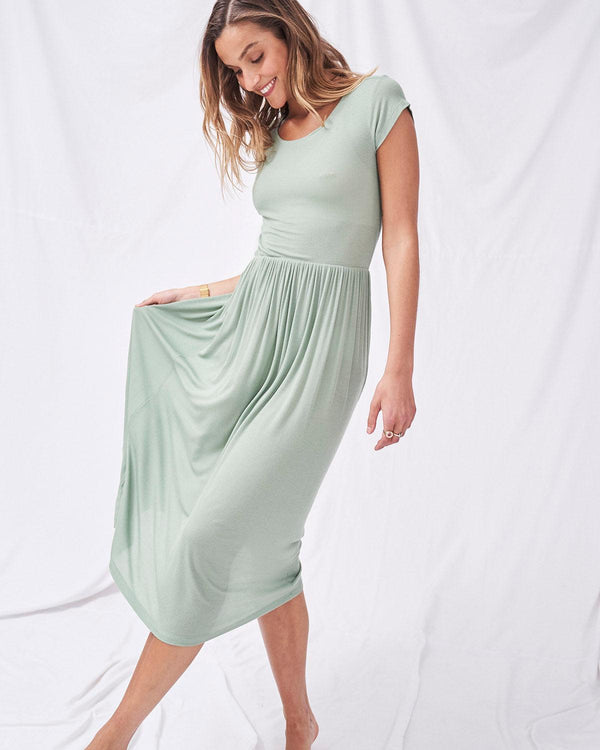 Ribbed Midi T Dress - Khaki Stripe & Stare