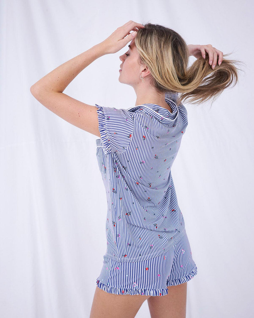 Frill Short Pajama Set - Navy Ditsy Stripe Stripe & Stare