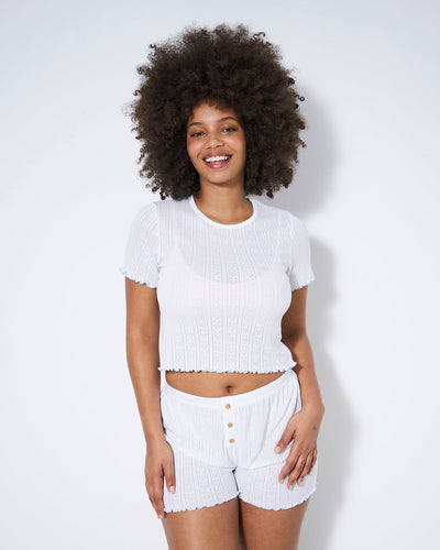 Pointelle Knit T-shirt & Pajama Short Set - White Stripe & Stare®