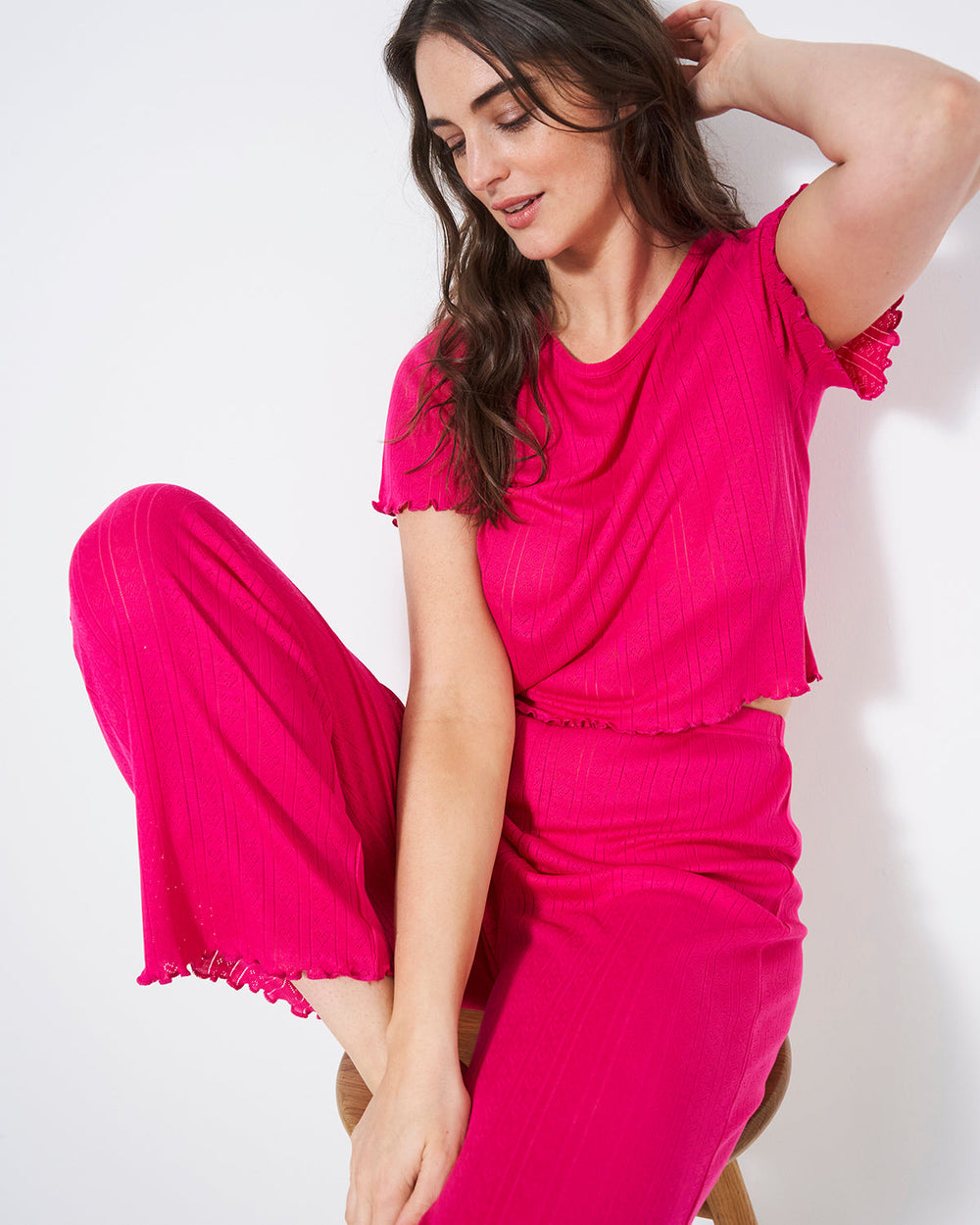 Pointelle Knit T-shirt & Long Pajama Bottom Set – Raspberry Stripe & Stare®
