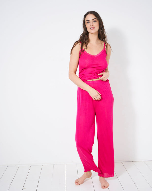 Pointelle Knit Cami & Long Pajama Bottom Set – Raspberry Stripe & Stare®