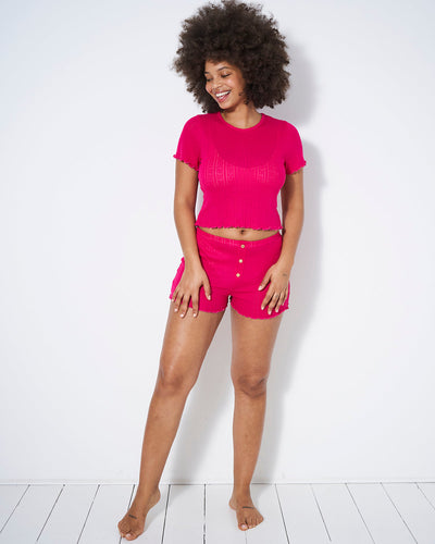Pointelle Knit T-shirt & Pajama Short Set - Raspberry Stripe & Stare®