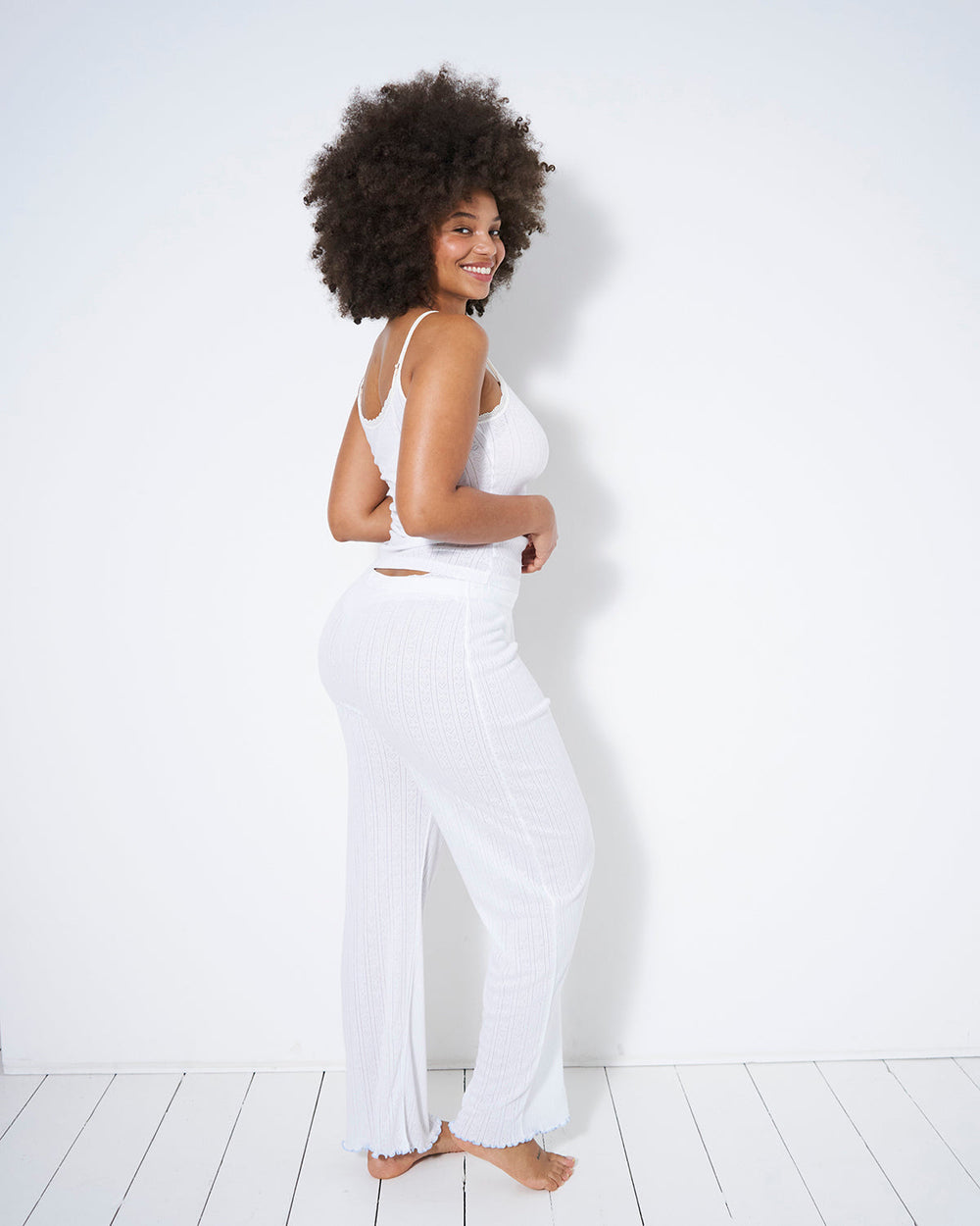 Pointelle Knit Cami & Long Pajama Bottom Set – White