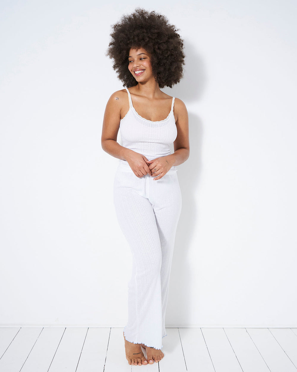 Pointelle Knit Cami & Long Pajama Bottom Set – White Stripe & Stare®