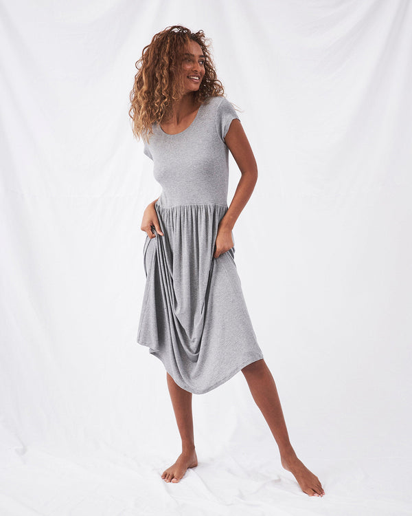 Ribbed Midi T Dress - Grey Stripe & Stare