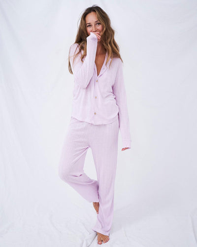 Pointelle Knit Long Pajama Set - Lilac Stripe & Stare