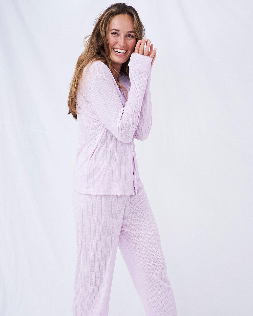 Pointelle Knit Long Pajama Set - Lilac Stripe & Stare