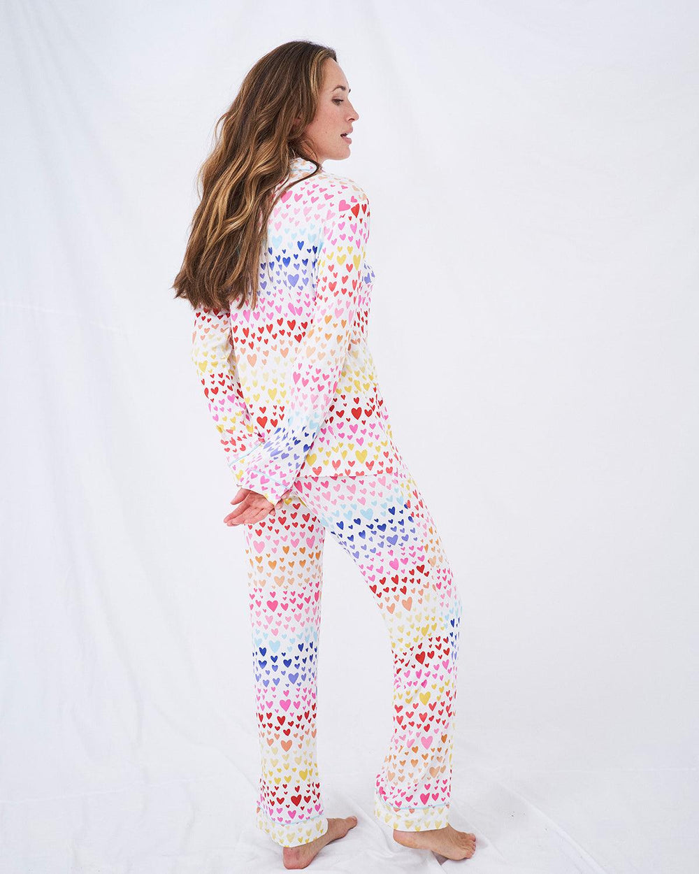 Long Pajama Set - Rainbow Hearts Stripe & Stare