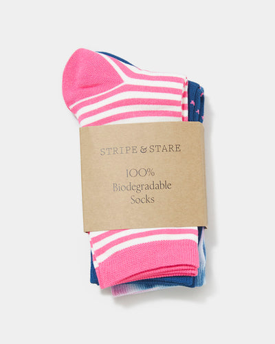 Biodegradable Socks 3 Pairs - Pink Punch Stripe & Stare